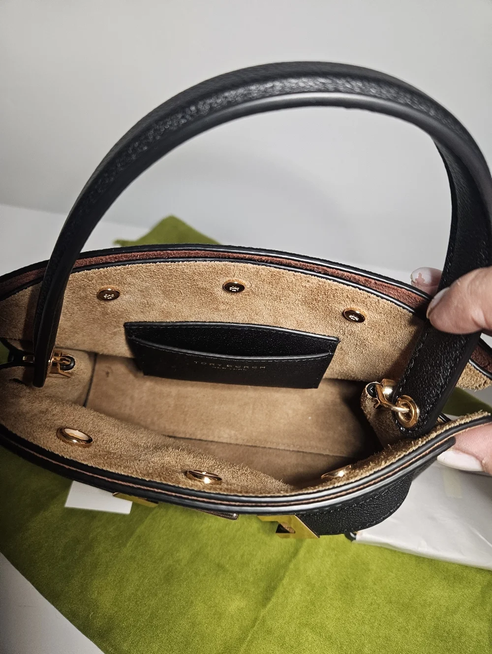 Tory Burch Lee Radziwill Black Leather Top-Handle Crossbody with Suede Interior